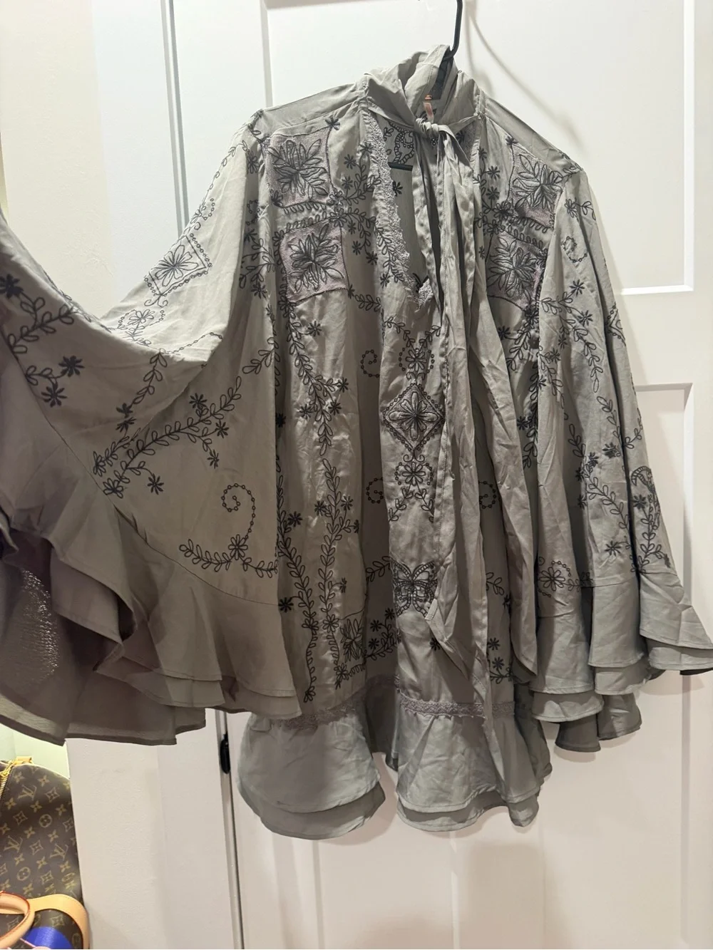 Free People Taupe Floral-Embroidered trumpet sleeve ruffle Dress - Picture 4 of 11